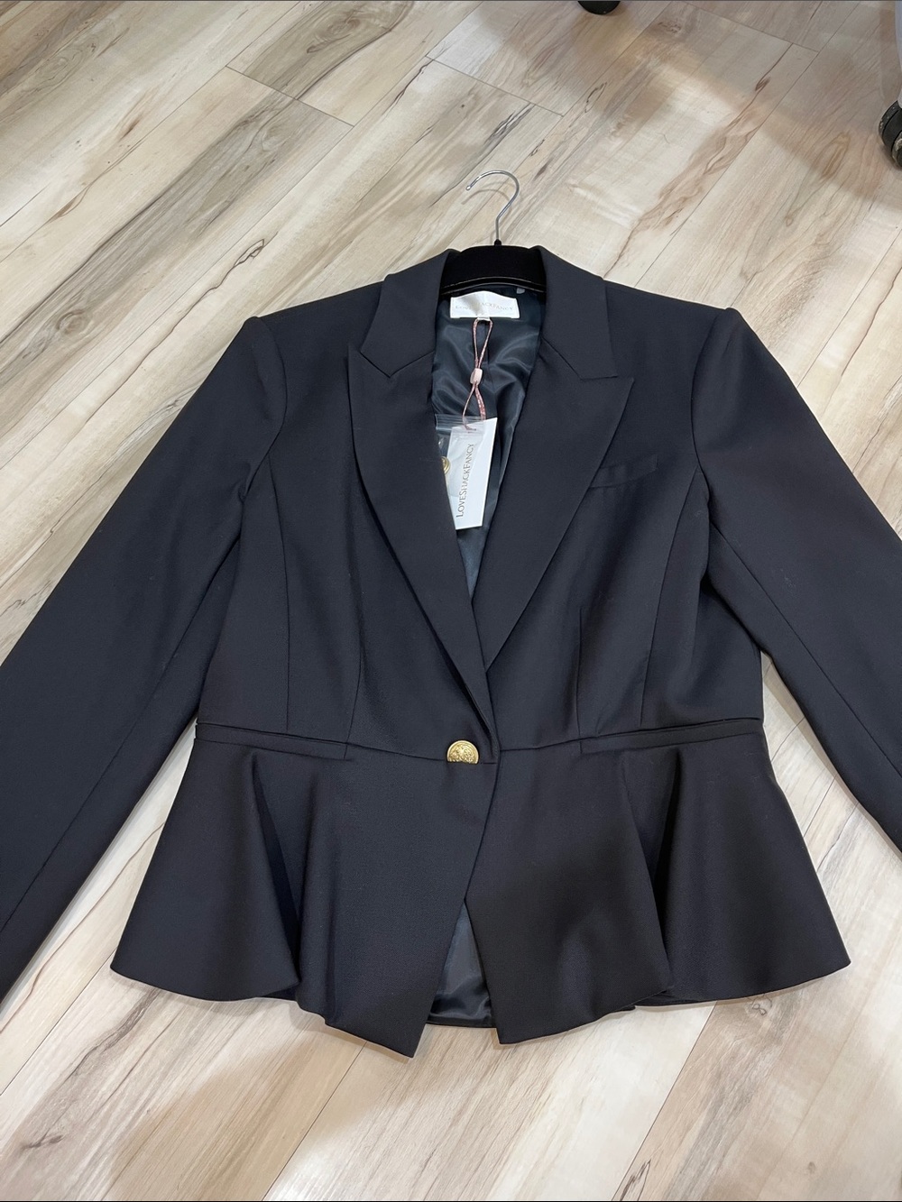 LoveShackFancy Black Peplum Blazer with Gold Button Accent